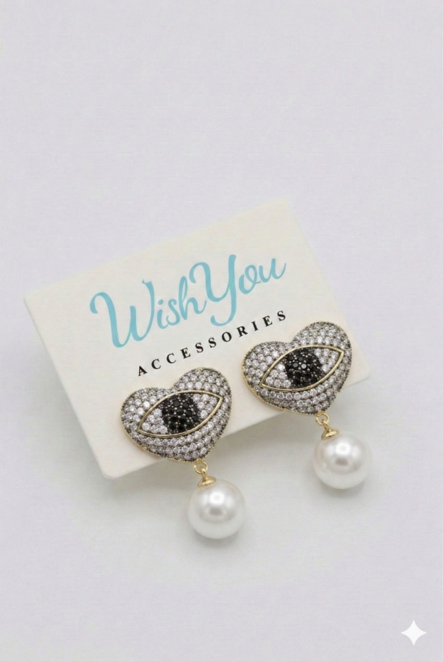 İncili Kalp Gözü Küpe