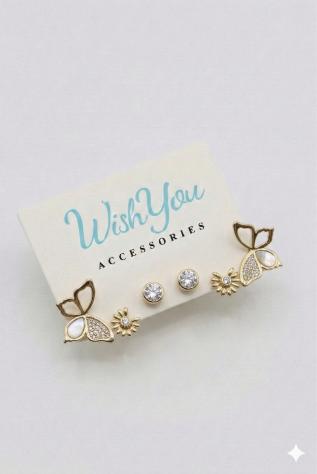 Kelebekli 6'lı Gold Küpe Seti