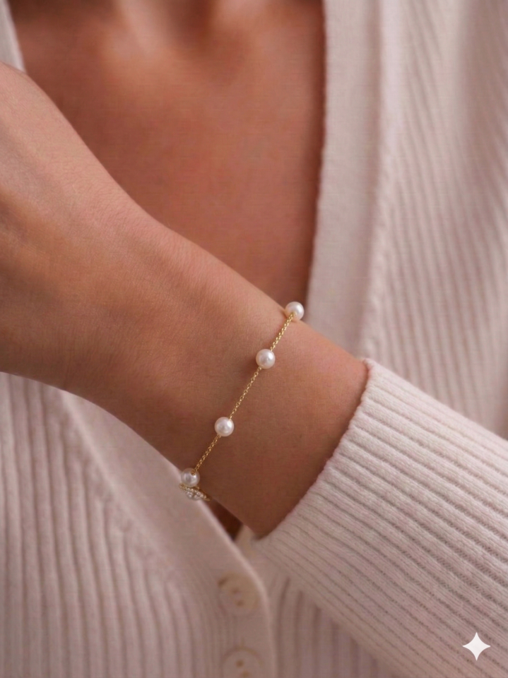 Sıra İncili İnce Gold Bileklik