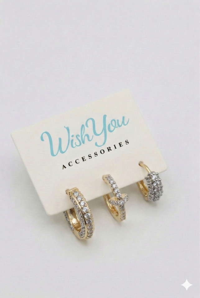 Üçlü Taş Gold Küpe Seti