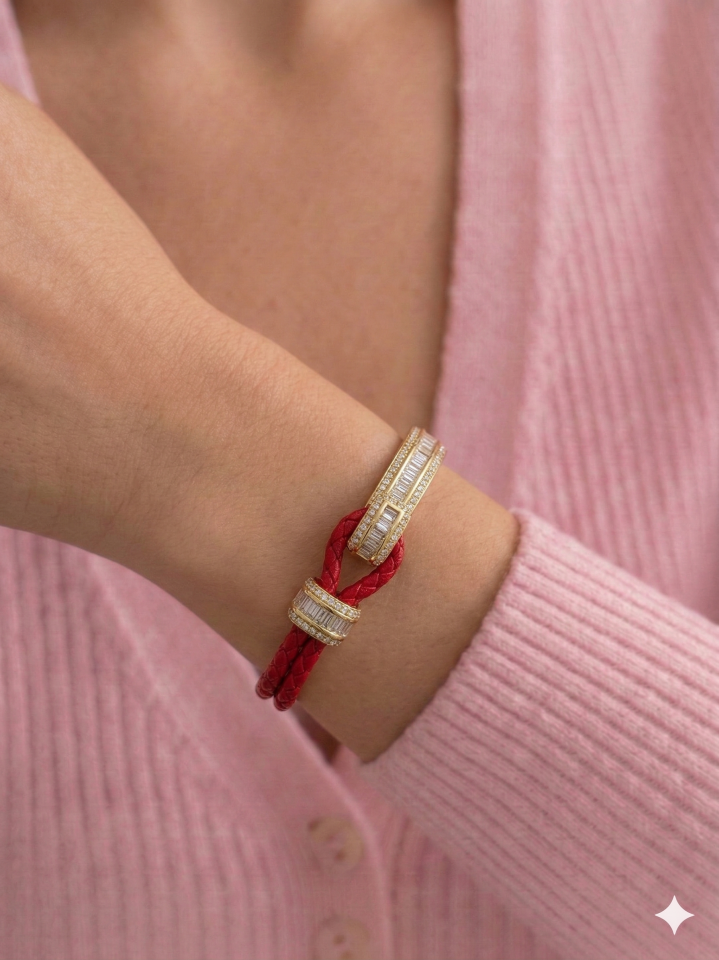 Kırmızı Deri & Taşlı Gold Kelepçe Bileklik