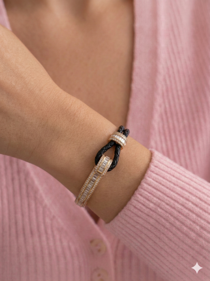 Siyah Deri & Taşlı Gold Kelepçe Bileklik