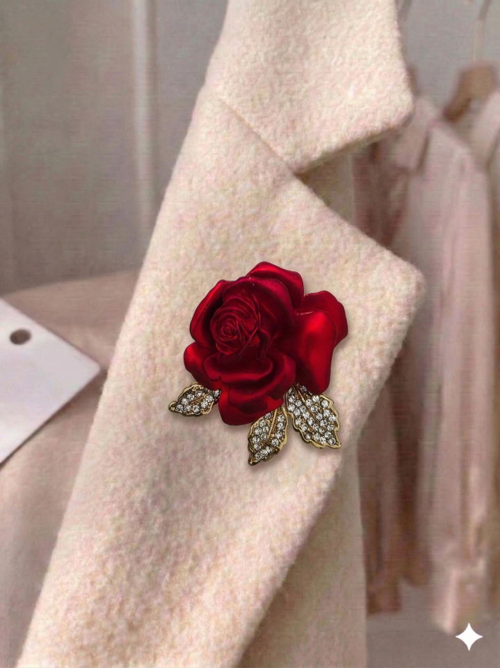 Taşlı Kırmızı Gül Broş