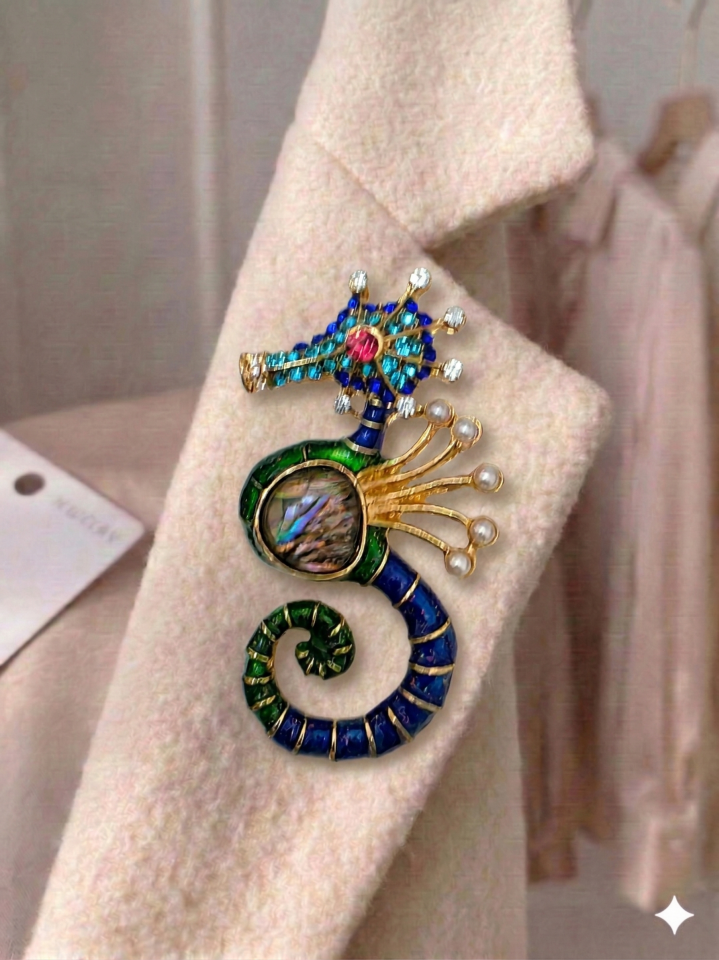 Taşlı & İncili Deniz Atı Broşu