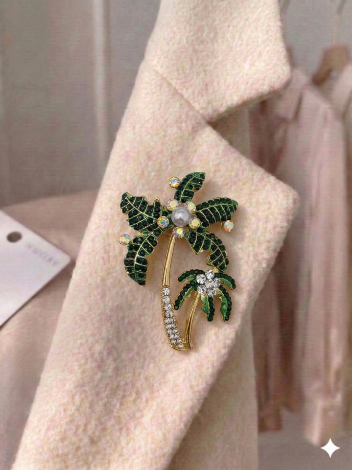Yeşil Taşlı & İncili Palmiye Broşu