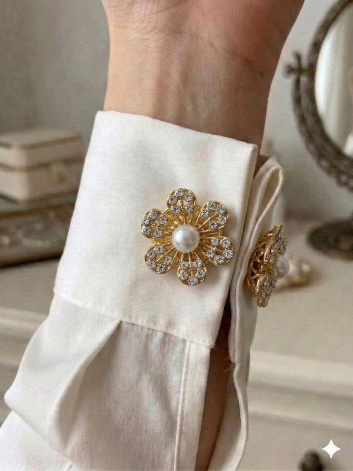 İnci & Taşlı Çiçek Düğme Broş