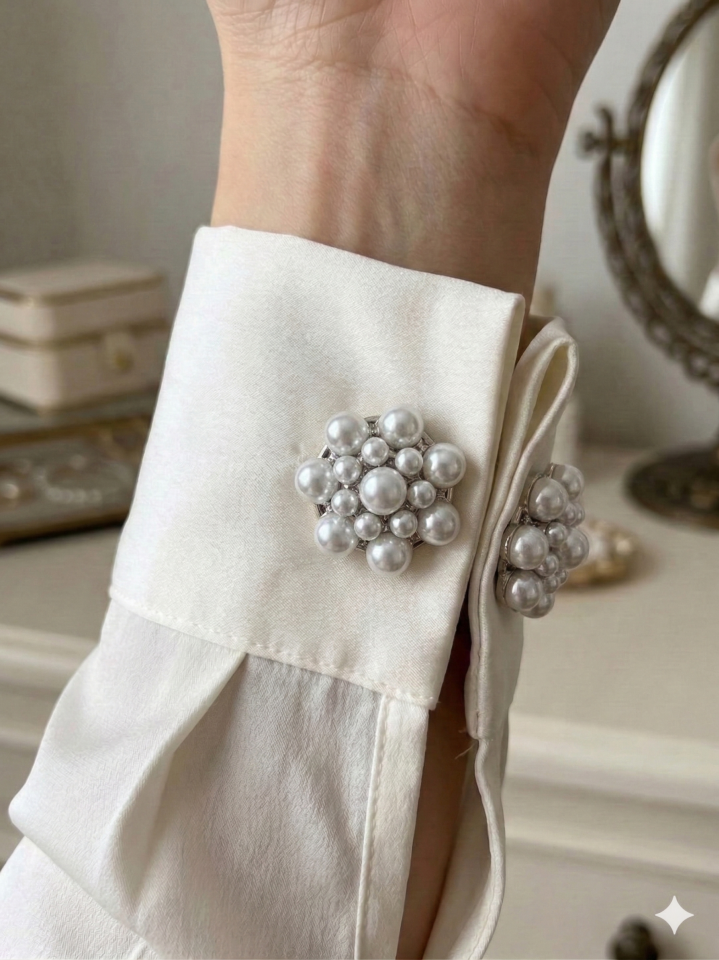 İncili Çiçek Düğme & Broş