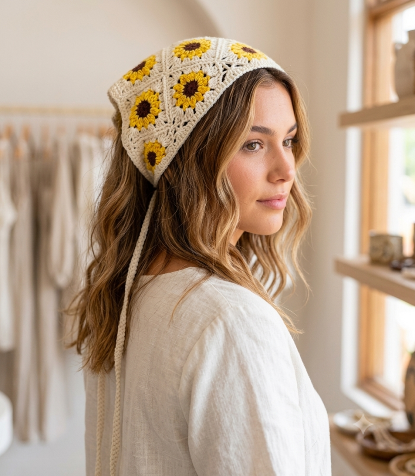 Bohem örme Ayçiçeği figürlü bandana