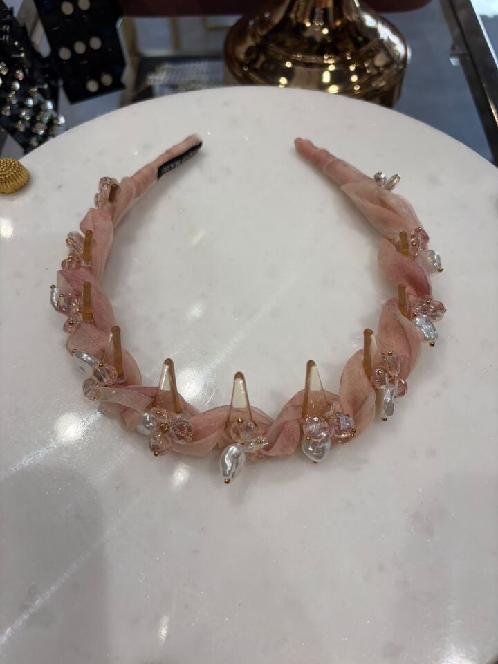 Pudra Pembe Organze Tül&Kristal Taşli Taç